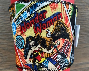 Wonder Woman Coffee Sleeve | Reusable + reversible | Cup cozy | DC comic print | Coffee Lover | Great Gift Idea