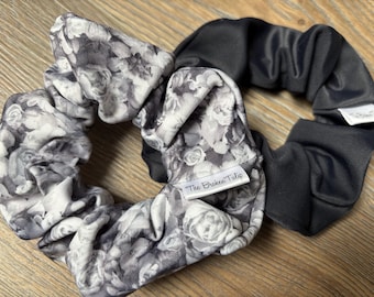 Swim Scrunchies: Black & White Floral, Solid Black - Handmade Hair Ties