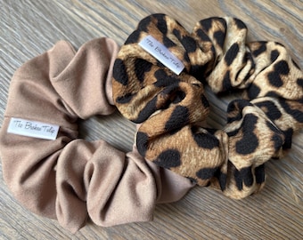 Beautiful leopard print + Tan Hair Scrunchies | Hair ties | Zero waste | Handmade in Canada | Animal print Collection | Gift idea