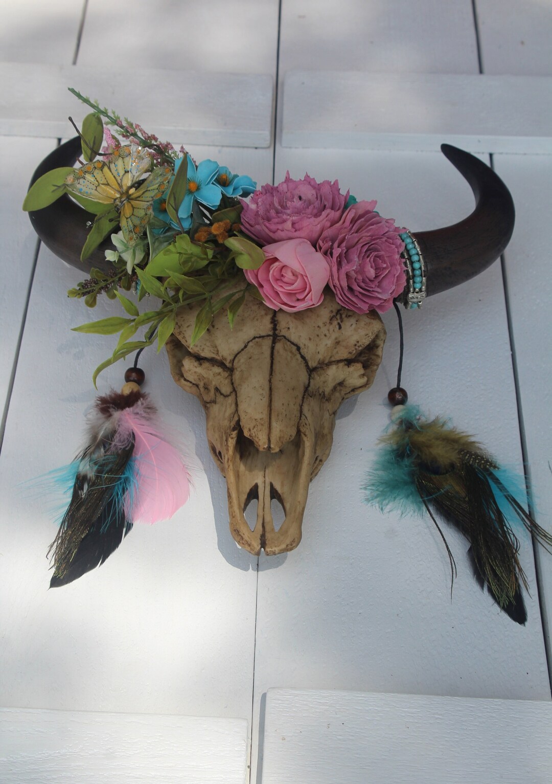 Floral Bullhead Wall Decor Handcrafted Bull Skull With Beautiful Flower