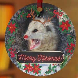 Merry Hissmas, Screaming Reindeer Opossum, Christmas Ornament, Metal Gift Ornaments