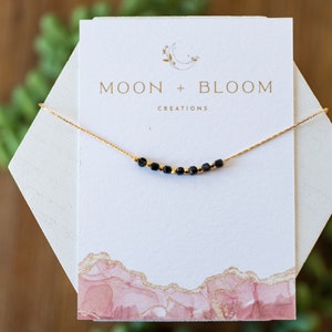 Dainty Black Tourmaline Gemstone and Hill Tribe Gold Beaded Necklace