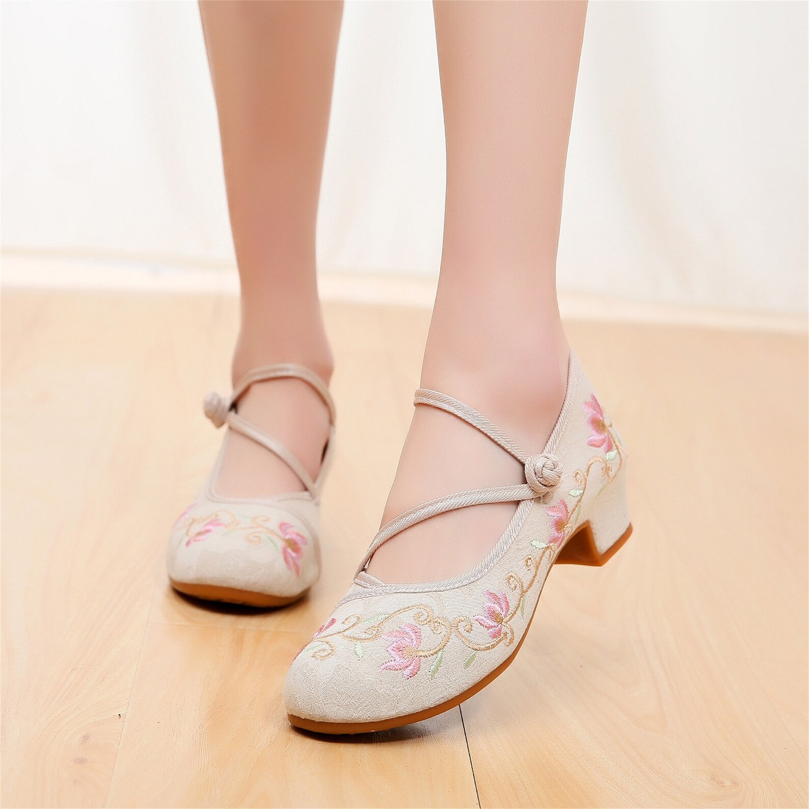 Scarpe Donna Ricamate Stile Cinese Mary Jane - Vintage Per Costume E Danza | Tela Con Fibbia - Foto 5