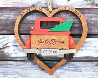 Personalized Couple Red Truck Newlywed or Anniversary Ornament