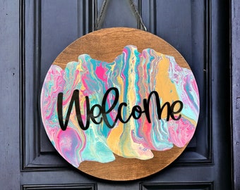 Front Door Decor - Poured Paint Round Welcome Sign