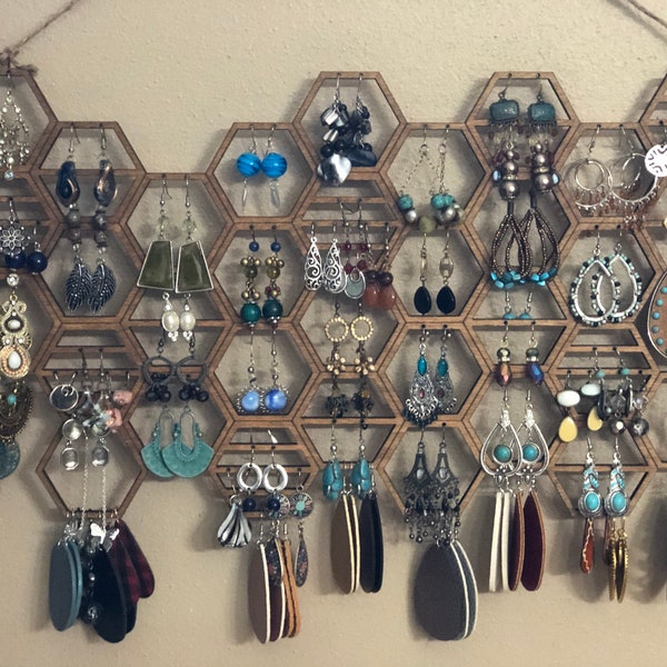 Wooden Earring Holder - Wall Hanging Jewelry Organizer - Honeycomb  Earring Display - Ready to hang