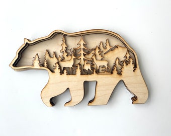 Bear Wood Craft Kit - 5 Layers - DIY Paint - Nature Scene