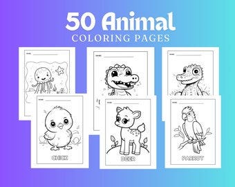 Puede incluir: Páginas para colorear en blanco y negro con varios animales, incluyendo un pollito, un ciervo, un loro, un caimán y una medusa. Las páginas tienen una línea de nombre en la parte superior y el nombre del animal en la parte inferior.