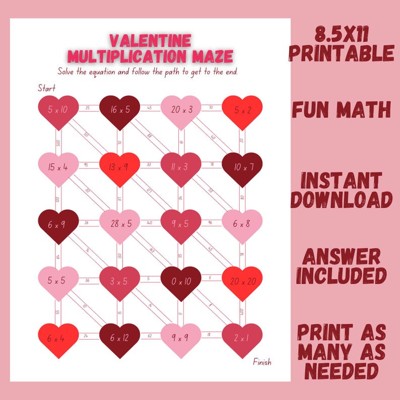 Valentine Math Maze, Valentine Printable Games Kids Valentine Games ...