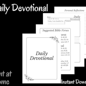 Pode incluir: Diário de devoção diário imprimível com um design floral. O diário inclui espaço para reflexões diárias, escrituras e versículos bíblicos sugeridos.