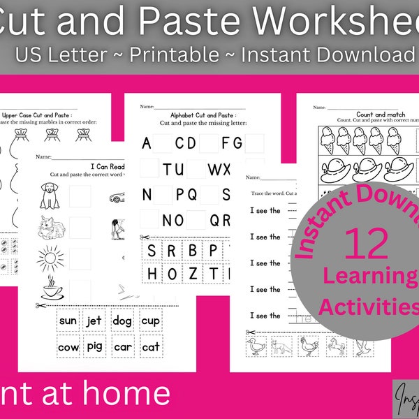 Cut and Paste Alphabet Worksheet, Preschool Learning, Education Printable, Cut and Paste Activities, Cut and Glue Activities,