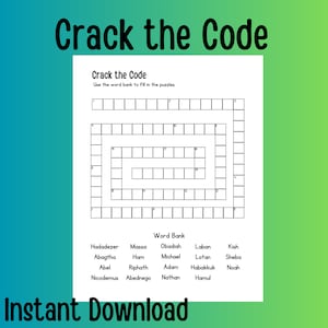 Könnte beinhalten: Ein druckbares Arbeitsblatt mit einem Wortsuchrätsel. Das Rätsel trägt den Titel "Crack the Code" und enthält eine Wortliste mit Namen wie Hadadezer, Massa, Obadiah, Laban, Kish, Abagtha, Ham, Michael, Lotan, Sheba, Abel, Riphath, Adam, Habakkuk, Noah, Nicodemus, Abednego, Nathan und Hamul.
