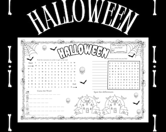 Printable Halloween Activity Placemat, Kids Coloring Page, Puzzles (Digital Download)