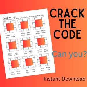 Może przedstawiać: Drukowana karta pracy z siatką kwadratów. Każdy kwadrat zawiera imię. Instrukcje mówią: "Crack the code. Użyj słowa, aby wypełnić kwadrat poprawnie. Czy potrafisz złamać kod?" Tytuł karty pracy to "Crack the Code".