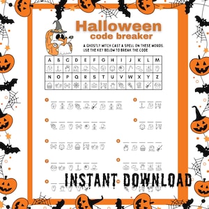 Peut inclure: Un jeu de décryptage sur le thème d'Halloween avec un personnage de citrouille sorcière. Le jeu comprend une clé pour décoder des mots, avec le texte "Instant Download" en bas. Le design présente des citrouilles, des chauves-souris et des toiles d'araignées.