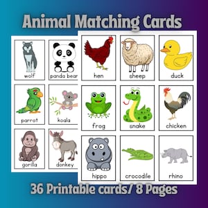 Jogo de correspondência de animais para crianças, jogo de correspondência de memória, jogo educativo, jogo de correspondência para crianças, jogo pré-escolar para impressão, cartões de memória