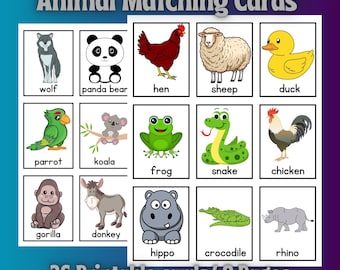 May include: A set of 36 printable animal matching cards, featuring colorful illustrations of animals like a wolf, panda bear, hen, sheep, duck, parrot, koala, frog, snake, chicken, gorilla, donkey, hippo, crocodile, and rhino. The cards are designed for educational purposes and are perfect for children learning about animals.