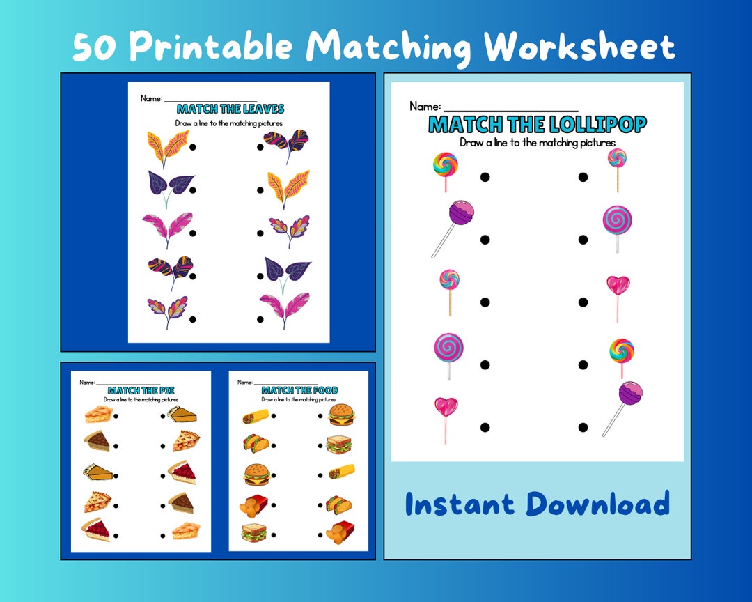 50 Printable Matching Worksheets, Match the Picture, Kindergarten ...