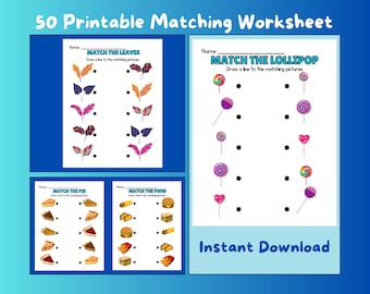 50 Matching Worksheets: Preschool Kindergarten Activity (PDF)