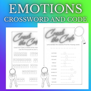 May include: A black and white activity book titled "EMOTIONS CROSSWORD AND CODE". The book features crossword puzzles and code-breaking activities. The cover includes the text "Crack the Code" and a magnifying glass illustration. Two keys are also shown.