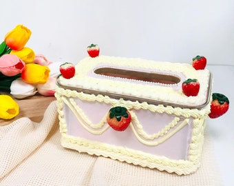 Handgefertigte Gefälschte Erdbeerkuchen Tissue Box Cover, Sahne Kleber Vintage Kuchen Dekorative Serviettenhalter, Geschenke, Cute Cake Ästhetische Wohnkultur