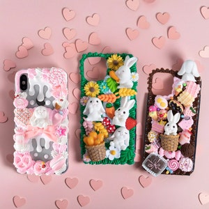 Custodia 3D in crema con motivo a coniglio in stile cartoon, realizzata a mano, per iPhone 16e, 15, 14, 13 Pro max, Samsung S25 Edge, S25 Ultra, A56, Z Flip 6, Google Pixel 9A e 9Pro.