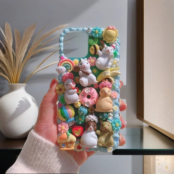 Cute pastoral rabbit 3D cartoon cream case for iPhone 15 14 13 Pro Max case, Samsung Z flip 5 4 S23 S22 Ultra case, Google Pixel 7 Pro case