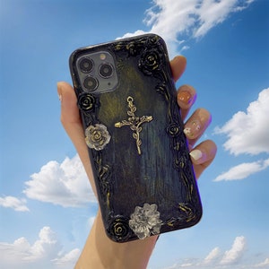 Custodia per telefono con croce barocca e rosa in crema nera per Samsung S25 Edge S25 Ultra A56 Z Flip 6, iPhone 16e 15 Pro Max, Google Pixel 9A 9 Pro
