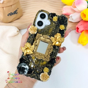 バロッククリームグルー携帯ケース（スクエアミラー付き）iPhone 17 16 Pro Max 17 Air、Samsung S25 Edge S25 Ultra Z Flip 7FE、Google Pixel 10 9pro用