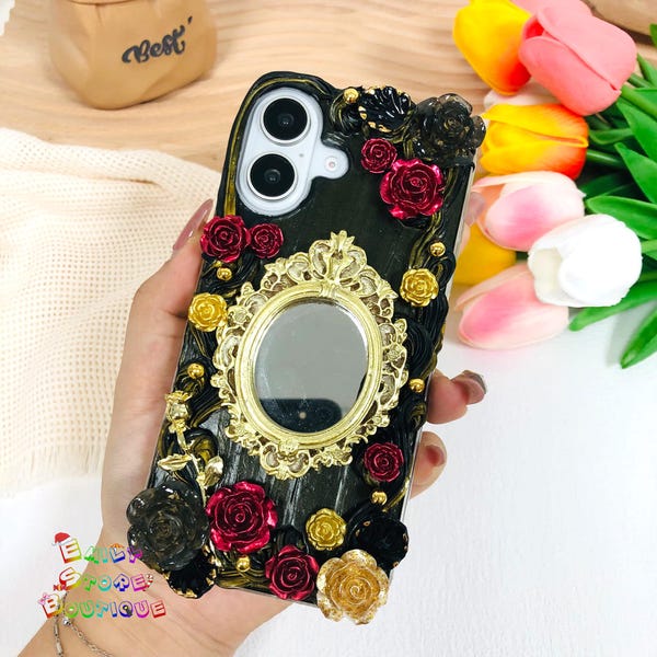 Custodia per telefono fatta a mano con colla cremosa e specchio per iPhone 17e Air 16 15 14 Pro Max, Samsung Z Flip 6 7FE S26 S25 FE A56, Google Pixel 9A 10 Pro XL
