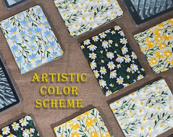 Étui en tissu à broderies marguerites avec dragonne pour Kindle 6 pouces 6,8 pouces 7 pouces, couleur Kobo Clara, BOOX Go 6 7, Tolino Shine 5, couvercle du support réglable