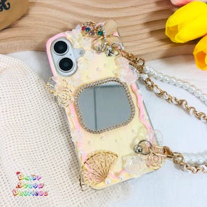 Coque pour téléphone avec colle crème miroir avec chaîne pour iphone 16e 15 Pro max, Samsung S25 Edge S25 Ultra A56 z flip 6 Z Fold 6, Google Pixel 9A 9 pro