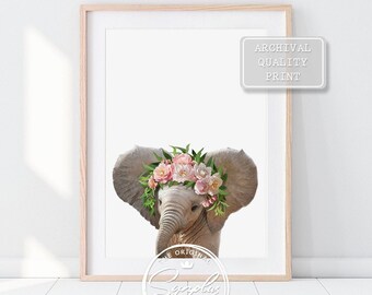 Baby Elephant Flower Crown Print, Floral Baby Animals Art Prints by Synplus, Safari Animals, Girl Nursery Wall Art, Nursery Decor, Kids Art