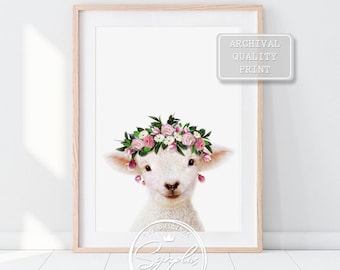 Baby Lamb with Flower Crown Print, Floral Baby Animals Art Prints by Synplus, Farm Animals, Girl Nursery Wall Art, Nursery Decor, Kids Art