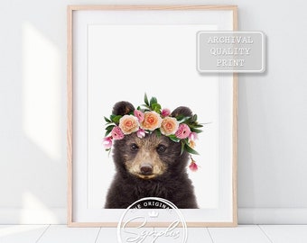 Baby Bear with Flower Crown Print, Baby Animals Art Print by Synplus, Floral Animals Art, Woodland Nursery Decor, Baby Girl Nursery Wall Art