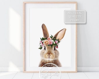Bunny Rabbit Print, Baby Rabbit Flower Crown, Nursery Wall Art, Nursery Decor, Baby Room Animal Prints, Baby Animals Art Print by Synplus