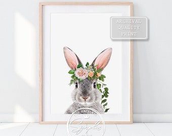 Baby Rabbit Print, Bunny with Flower Crown Art, Nursery Wall Art, Baby Girl Nursery Decor, Animal Prints, Baby Animals Art Print by Synplus