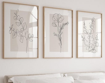 Neutral Wall Art Prints, Botanical Line Art, Plant Art, Beige Home Decor, Set of 3 Prints, Minimalist Modern Bedroom Living Room Wall Decor