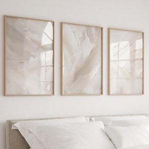 Juego de 3 impresiones abstractas, pinceladas de color beige y blanco, arte de pared minimalista en tonos suaves neutros para dormitorio y sala de estar, decoración neutra para el hogar
