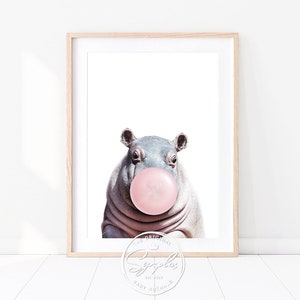 Baby Hippo With Pink or Blue Bubble Gum Print, Safari Nursery Decor, Baby Boy, Girl Nursery Wall Art, Baby Animals Art