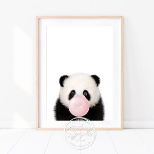 Baby Panda With Pink or Blue Bubble Gum Print, Kids Room Decor, Baby Boy, Baby Girl Nursery Wall Art, Woodland Baby Animals Art by Synplus