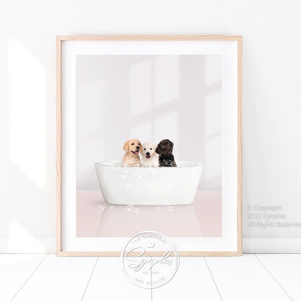 Puppies in Modern Bathtub Print, Puppy Golden Retriever, Labrador Puppy Bathing, Baby Animal in Bathtub Art by Synplus, Kids Bathroom Art