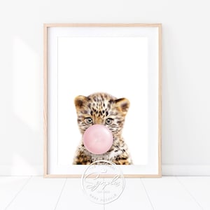 Baby Leopard With Pink or Blue Bubble Gum Print, Safari Nursery Decor, Baby Boy, Girl Nursery Wall Art, Baby Animal Art by Synplus