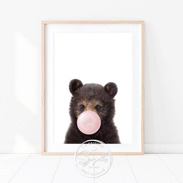 Baby Bear With Pink or Blue Bubble Gum Print, Baby Bear Art, Woodland Nursery Decor, Nursery Wall Art, Baby Animals Art Print by Synplus