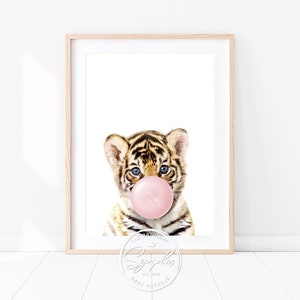 Baby Tiger With Pink or Blue Bubble Gum Print, Safari Nursery Decor, Art for Kids, Baby Boy, Baby Girl Nursery Wall Art, Baby Animals Art
