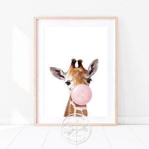 Baby Giraffe With Pink or Blue Bubble Gum Print,  Safari Nursery Decor, Baby Boy, Girl Nursery Wall Art, Baby Animal Art by Synplus
