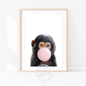 May include: A black and brown chimpanzee with a pink bubble in its mouth. The chimpanzee is looking directly at the camera. The background is white.