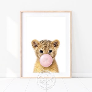 Baby Lion With Pink or Blue Bubble Gum Print, Safari Nursery Decor, Baby Boy, Baby Girl Nursery Wall Art, Baby Animals Art by Synplus