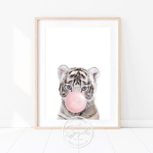 Baby Tiger With Pink or Blue Bubble Gum Print, White Tiger Cub, Art for Kids, Baby Boy, Girl Nursery Wall Art, Baby Animals Wall Decor
