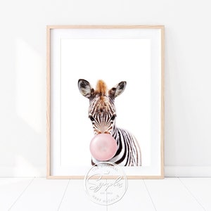 Baby Zebra With Pink or Blue Bubble Gum Print, Zebra Blowing Bubble Gum, Safari Nursery Decor, Baby Boy, Girl Nursery Wall Art, Baby Animals